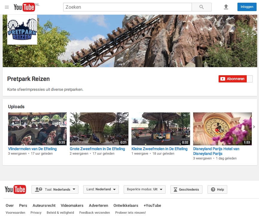 Youtube kanaal voor Pretpark Reizen